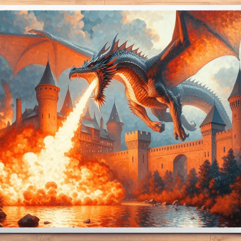 Dragón hiperrealista sobrevolando un castillo medieval, con escamas detalladas y aliento de fuego. Dragón hiperrealista sobrevolando un castillo medieval, con escamas detalladas y aliento de fuego.