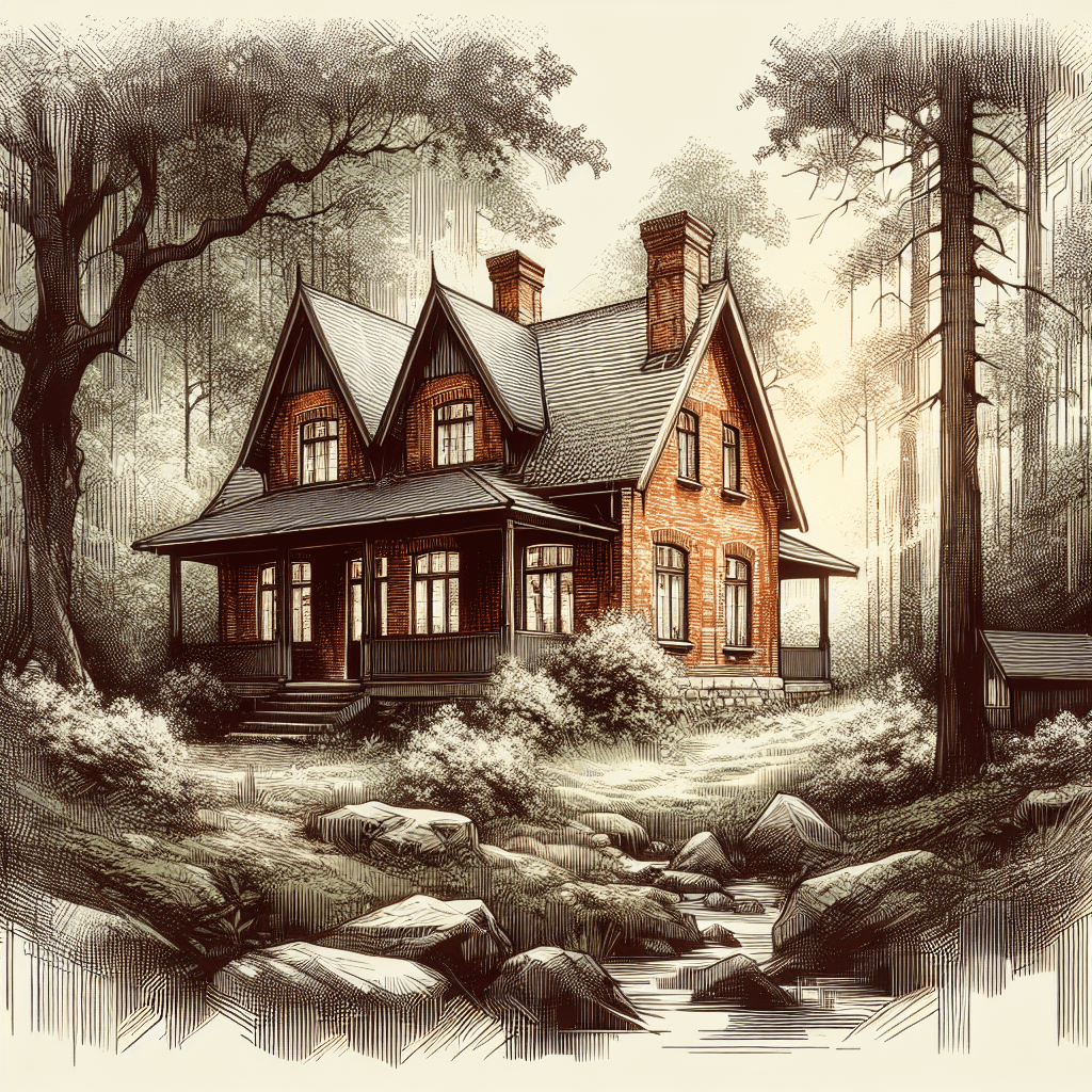 Una casa de ladrillos en medio del bosque, con estilo de arte digital. Una casa de ladrillos en medio del bosque, con estilo de arte digital.